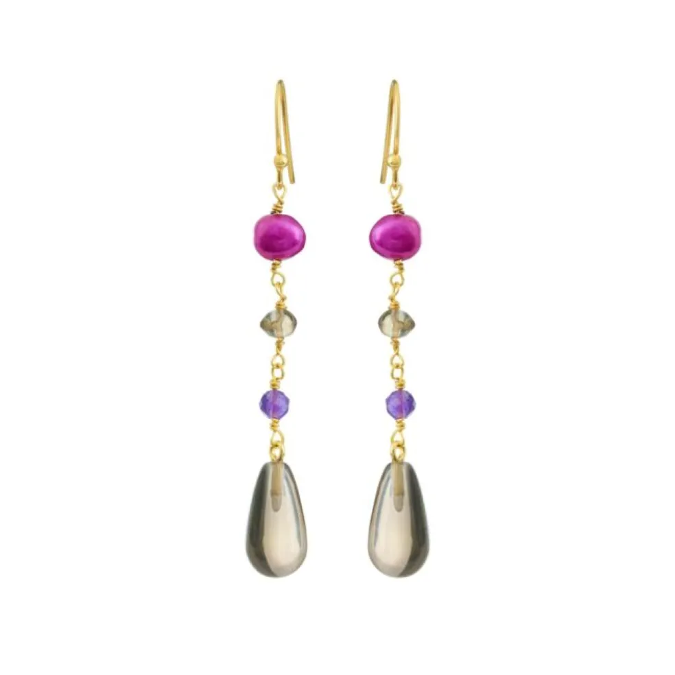 SFB - Guldbelagte sølv øreringe med ametyster, perler og kvarts - 5670-2-589