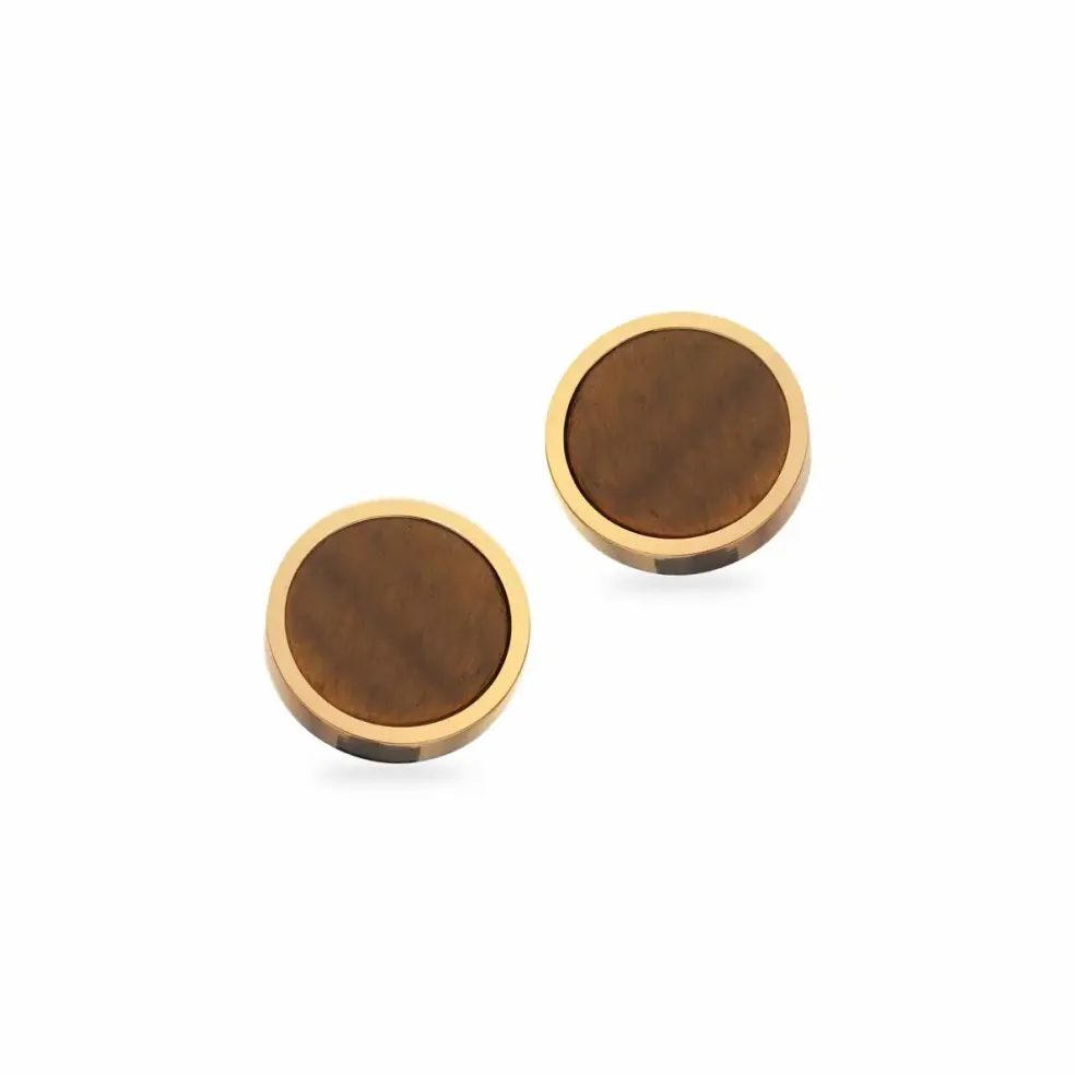 Scrouples - Herre øreringe i guldbelagt stål med tigerøje - 158531